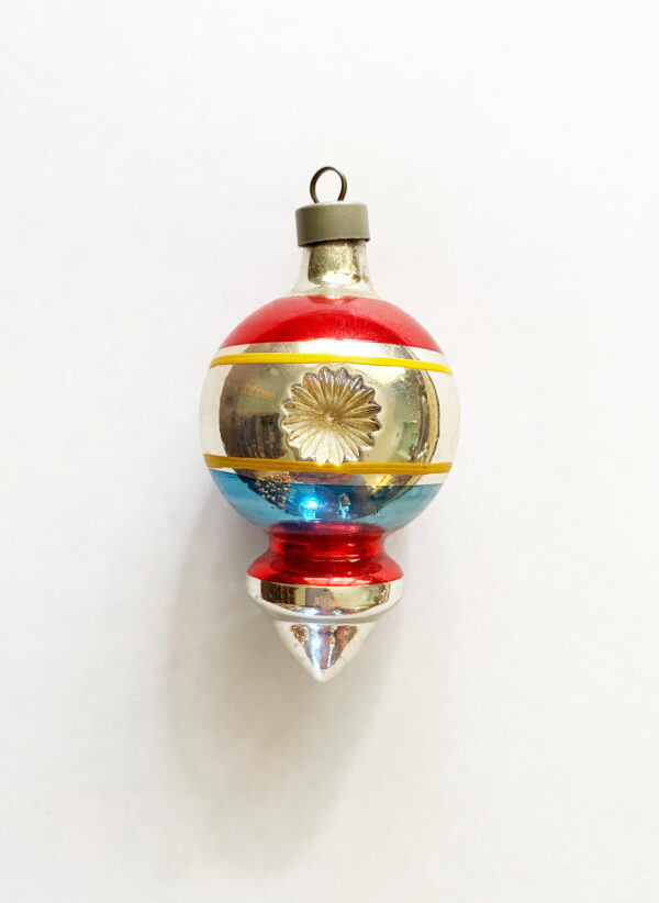 Vintage Premier Double Indent Teardrop Glass Christmas Ornament USA, Patriotic red white and blue War Era Ornament, 1940s