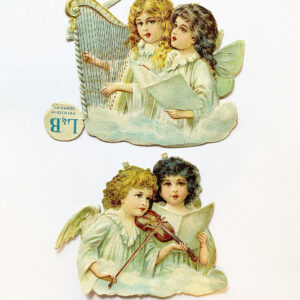 1900s german chromolitho paper scrap angel pair, two musicians playing harp and violin, ornament making supplies excellent