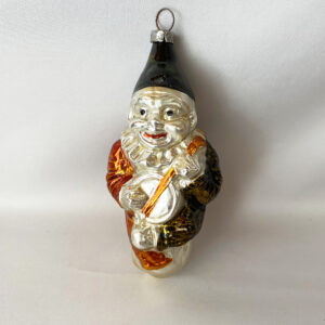 Vintage Glass Christmas Ornament Clown Playing Banjo on a Stump silver green and brown Figural Blown Glass Ornament, 1950s