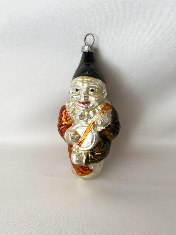 Vintage Glass Christmas Ornament Clown Playing Banjo on a Stump silver green and brown Figural Blown Glass Ornament, 1950s