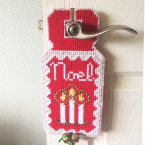 Vintage Christmas Door Hanger Noel, red and white Mid Century Hand Crafted Christmas Cross Stitch Wall Hanging, Christmas Decor with lit candle design
