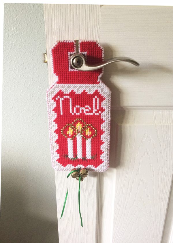 Vintage Christmas Door Hanger Noel, red and white Mid Century Hand Crafted Christmas Cross Stitch Wall Hanging, Christmas Decor with lit candle design