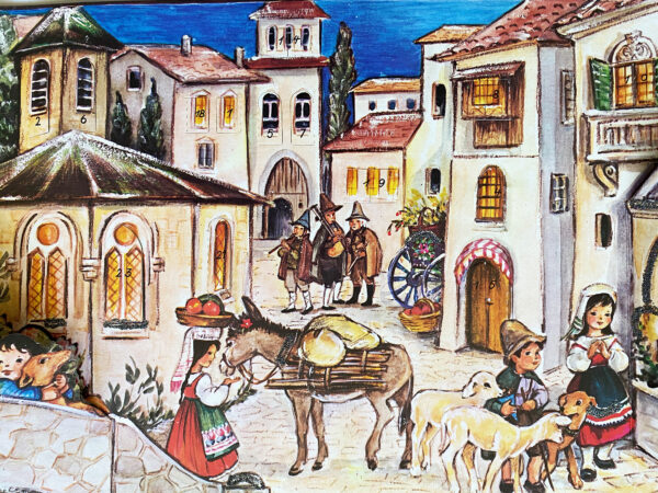 Vintage German Triptych Advent Calendar, 3 Panel Stuttgart Rohr Christmas Count Down Calendar with Envelope, Spanish Village scene Mexican Christmas