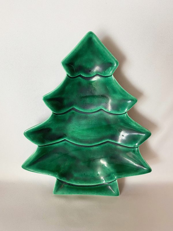 Vintage green Ceramic Christmas Tree Candy Dish Tray, Santa's Cookie Plate, mid century Hand Crafted Christmas Tableware made in Hawaii