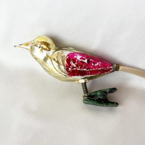 Vintage Glass Clip On Bird Ornament, Gold Magenta Figural Glass Bird Christmas Ornament Spun Glass Tail, 1950s