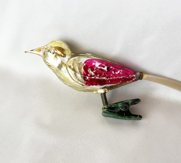 Vintage Glass Clip On Bird Ornament, Gold Magenta Figural Glass Bird Christmas Ornament Spun Glass Tail, 1950s