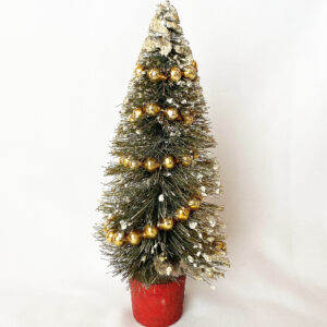 Vintage Bottle Brush Tree snow Flocked with gold Mercury Glass Garland, 6.75″ Japan Christmas Tree, Putz Display, 1940s Christmas Decor