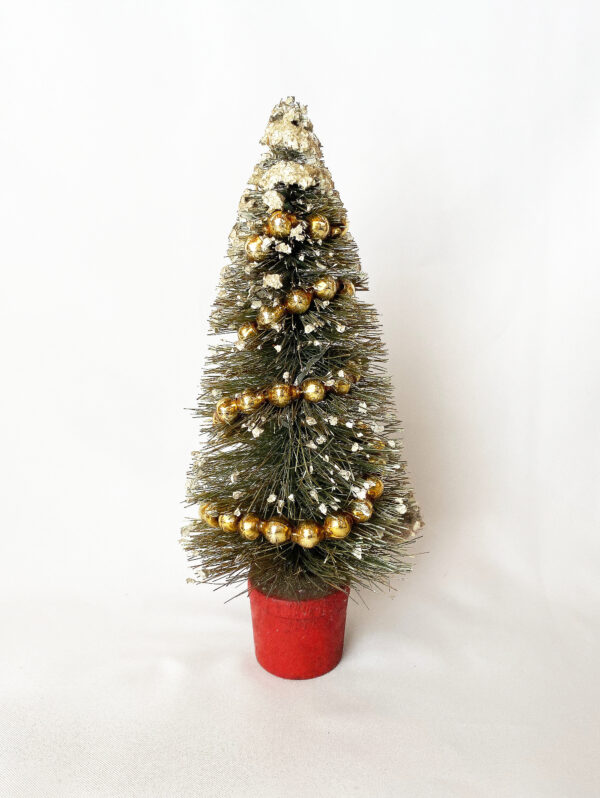 Vintage Bottle Brush Tree snow Flocked with gold Mercury Glass Garland, 6.75″ Japan Christmas Tree, Putz Display, 1940s Christmas Decor