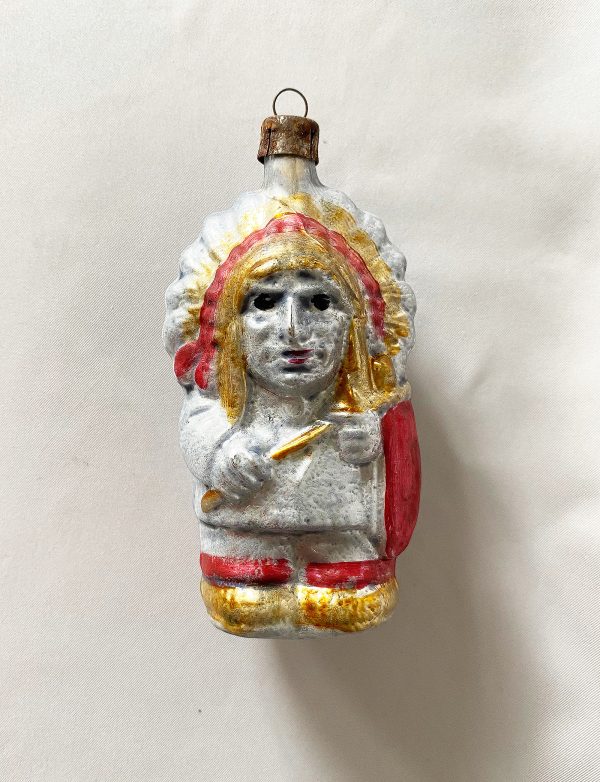 Large Vintage German Glass Ornament Indian Chief holding Peace Pipe, Figural Christmas Ornament, 1940s