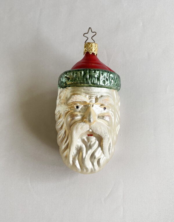 vintage Inge Glas large Father Christmas Weinachtsman glass head christmas ornament with mica beard and green rimmed cap, excellent.