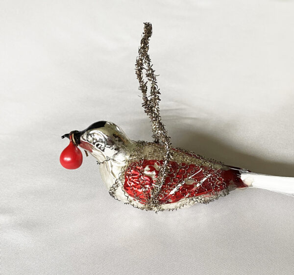 1900s Antique Wire Wrapped Bird with Berry Christmas Ornament Germany, mercury Glass Hanging Bird ornament