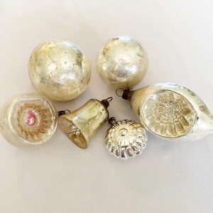 1900s Silver Christmas Ornaments Lot, Six German Mercury Glass 'White Tree' Ornaments indents, bell, squiggles