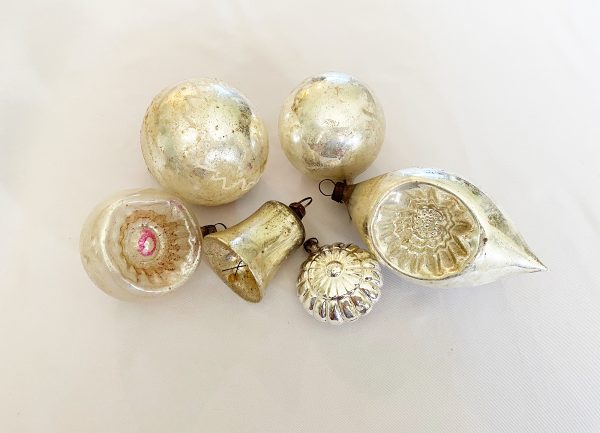1900s Silver Christmas Ornaments Lot, Six German Mercury Glass 'White Tree' Ornaments indents, bell, squiggles