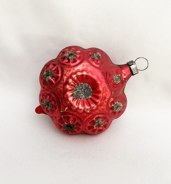 1930s Two Sided Indent Christmas Ornament, Embossed Red Celestial Blown Glass Ornament with silver glitter in embossed stars
