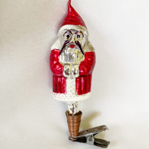 vintage glass santa clip on glass ornament, red coat folded hands Father Christmas clip ornament, mid century