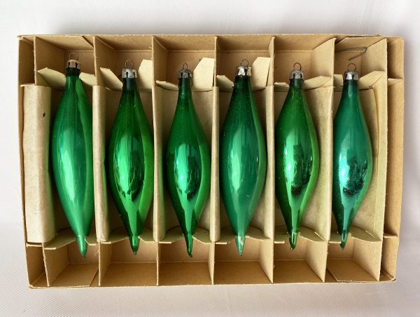 Vintage Icicle Christmas Ornaments Poland in Original Box, Green Teardrop Ornaments IOB, Retro Christmas