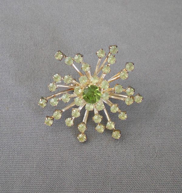 Vintage Christmas Jewelry Snowflake Pin, Green Rhinestone Starburst Brooch, Vintage Green Jewelry, Holiday Pin