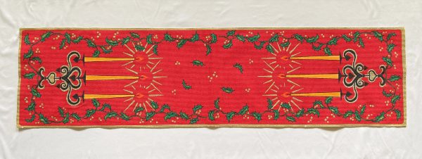 Vintage 34 inch red Christmas Table Runner Candles and Holly Leaves Heavy Cotton Mint Condition, Retro Holiday Decor