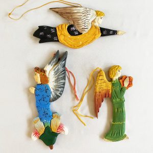 Hand Carved Wood Angels Asian Christmas Ornaments Lot, 3 Balinese Indonesian Folk Art Ornaments MCM