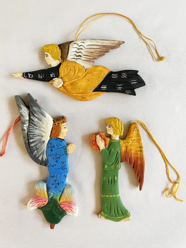 Hand Carved Wood Angels Asian Christmas Ornaments Lot, 3 Balinese Indonesian Folk Art Ornaments MCM