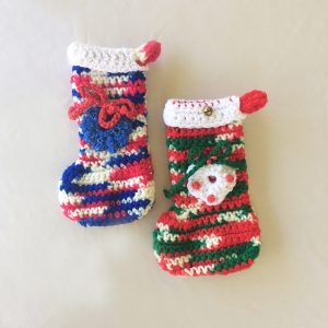 Pair Vintage Small 7 inch Crochet Christmas Stockings, MCM Candy Container Stockings, Handmade Stockings, Mid Century Christmas