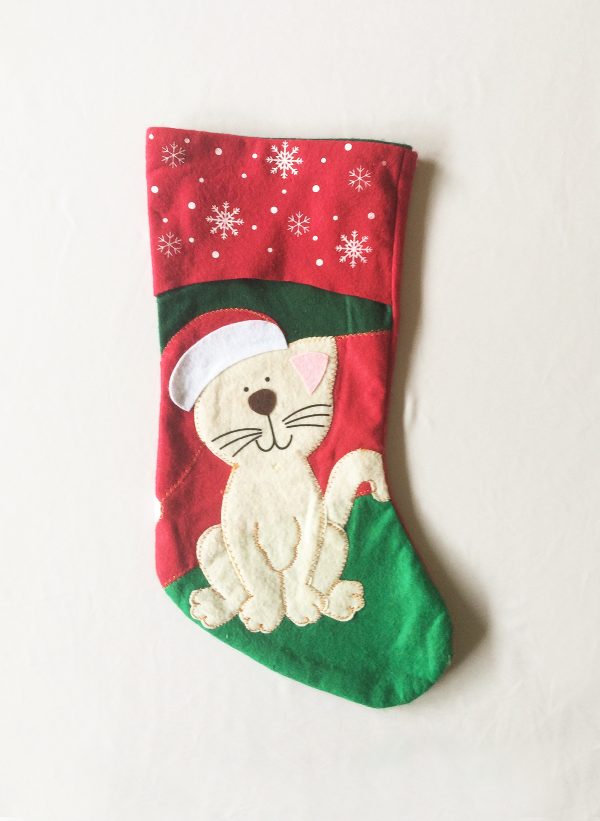 Mid Century Christmas Stocking Kitten Cat, Large 17.5 inch Applique Felt Christmas Stocking, Cat Stocking, Cat Lover Gift, Cat Collectibles