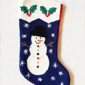 Vintage Christmas Stocking Snowman, Large 20 inch Needlepoint blue Velvet Christmas Stocking