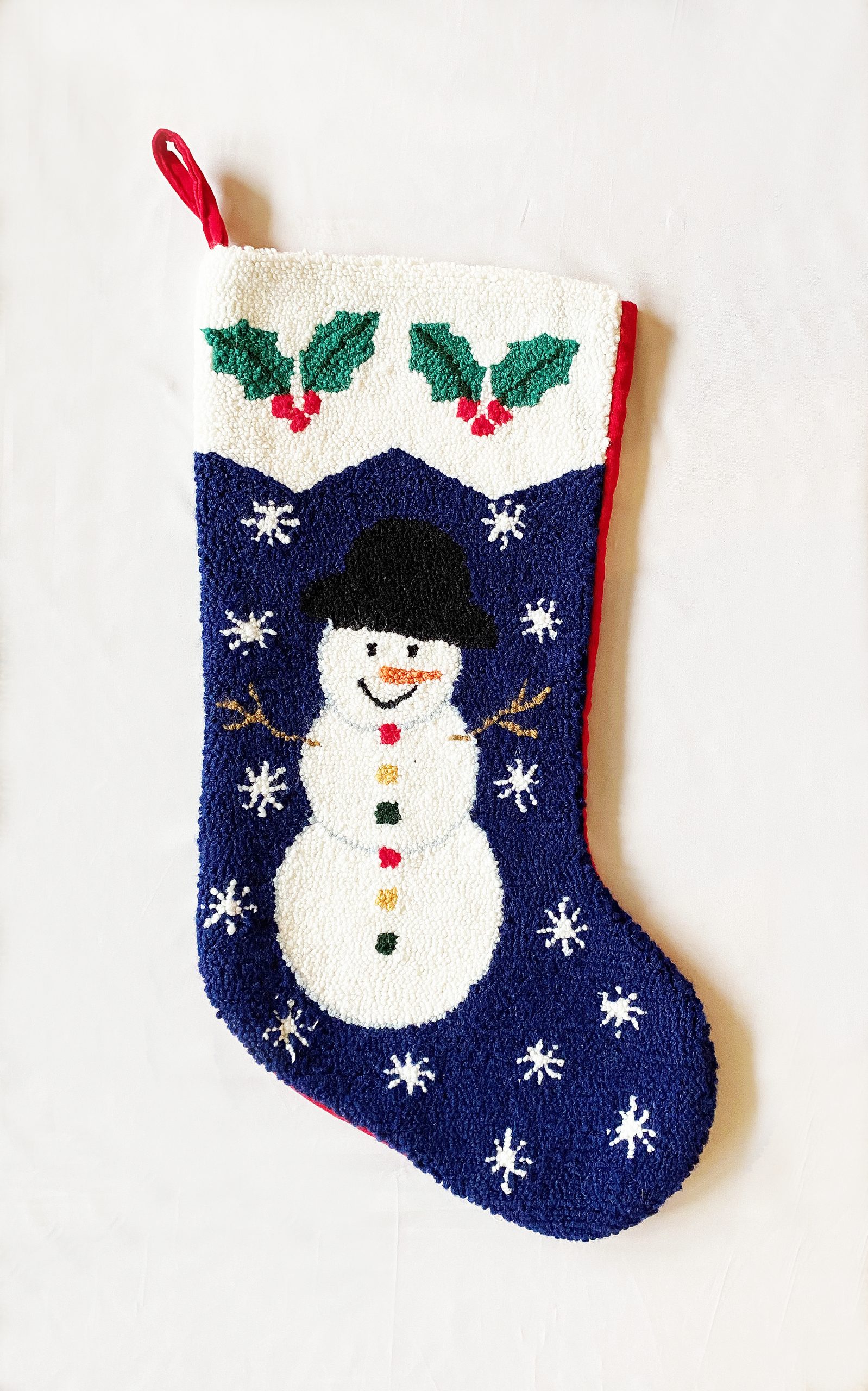 Vintage Christmas Stocking Snowman, Large Needlepoint Velvet