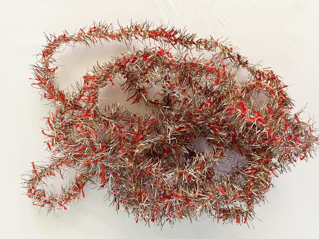 1920s Antique Tinsel Garland 10' Red Cellophane Strips, Vintage Silver