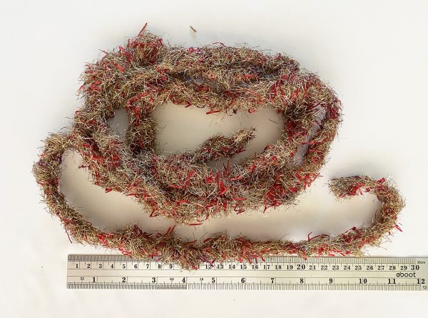 1920s Antique Tinsel Garland 80" Red Cellophane Strips, Vintage 3/4 inch wide tinsel Tree Garland, National Tinsel Co USA