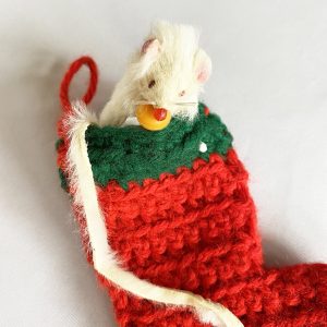 MCM Small Stocking Christmas Ornament with Furry Mouse, Handmade Crochet Stocking, Mid Century Christmas mouse ornament