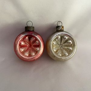 vintage corning reflector indent glass christmas ornaments pair, one red one silver floral radial indent ornament 1930s usa christmas ornaments lot