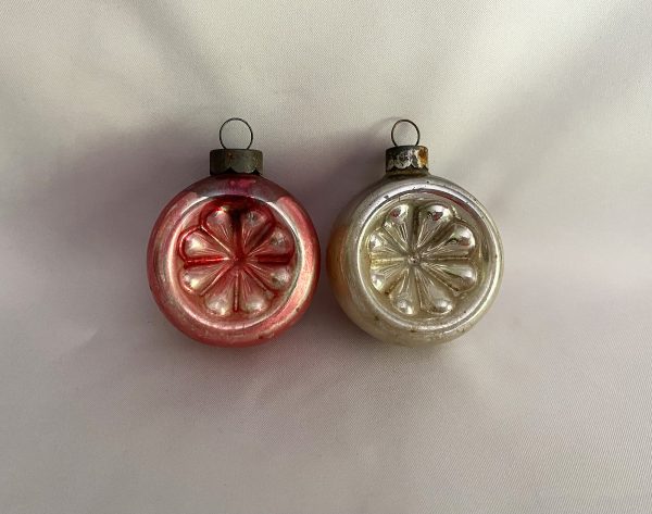 vintage corning reflector indent glass christmas ornaments pair, one red one silver floral radial indent ornament 1930s usa christmas ornaments lot