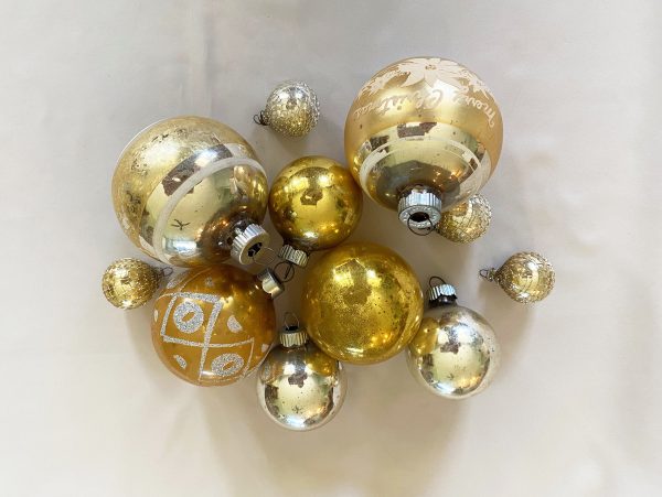 vintage 1950s Shiny Brite glass christmas ornament lot of 11 silver and gold round ornaments one merry christmas stencil one glitter one jack frost finish