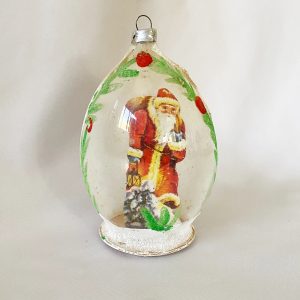 Vintage Santa Scrap Diorama Mica Christmas Ornament, Unsilvered Glass Egg Red Coat Santa