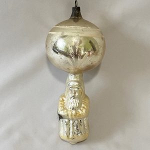 1900s Antique German Double Glass Christmas Ornament Santa Under a Sphere, Large 5 inch Silver blown glass Santa under a round sphere with hand painted floral spray, excellent