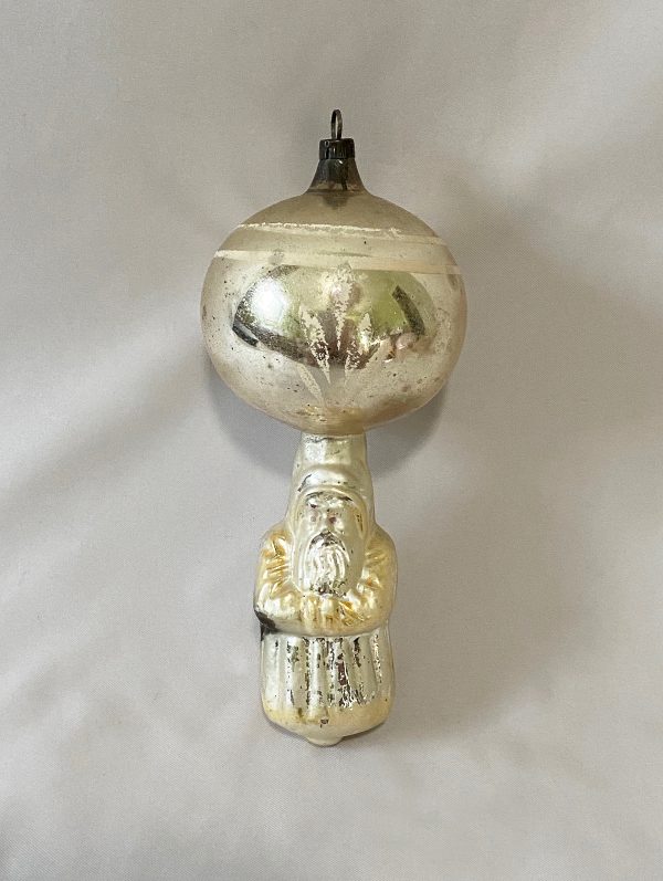 1900s Antique German Double Glass Christmas Ornament Santa Under a Sphere, Large 5 inch Silver blown glass Santa under a round sphere with hand painted floral spray, excellent