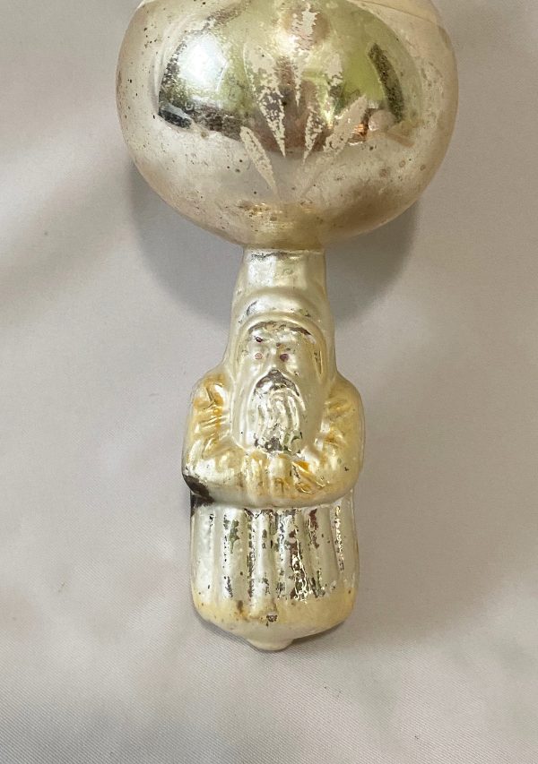 1900s Antique German Double Glass Christmas Ornament Santa Under a Sphere, Large 5 inch Silver blown glass Santa with folded hands under a round sphere with hand painted floral spray, excellent