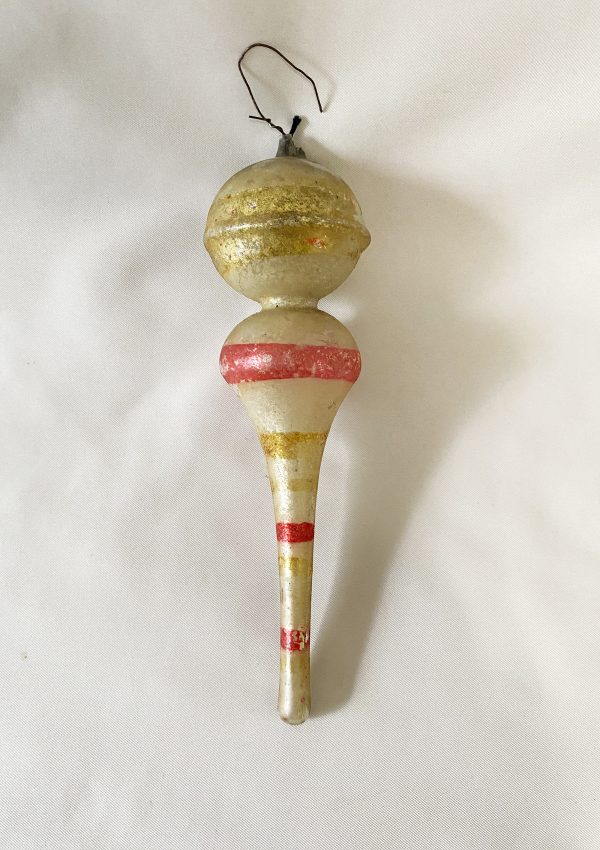 1890s early large antique german striped double sphere blown glass icicile christmas ornament, 5.5 inches long silver with gold and pink stripes, excellent