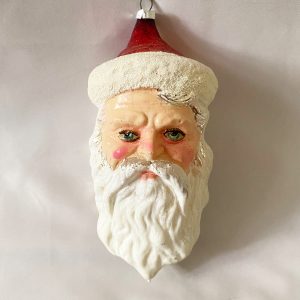 Vintage Large Weinachtsmann Santa Head Glass Ornament flesh face with paper decal blue eyes, 1960s West Germany Santa Christmas Ornament Mica Cap long white beard, excellent