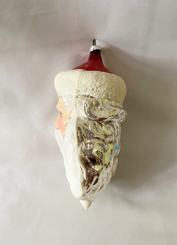Vintage Large Weinachtsmann Santa Head Glass Ornament flesh face with paper decal blue eyes, 1960s West Germany Santa Christmas Ornament Mica Cap long white beard, excellent