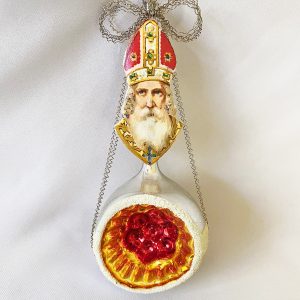 Antique Saint Nick Glass Indent Christmas Ornament, German Tinsel and Glass Long Stem Indent Ornament with Paper Scrap Bishop, 1940s