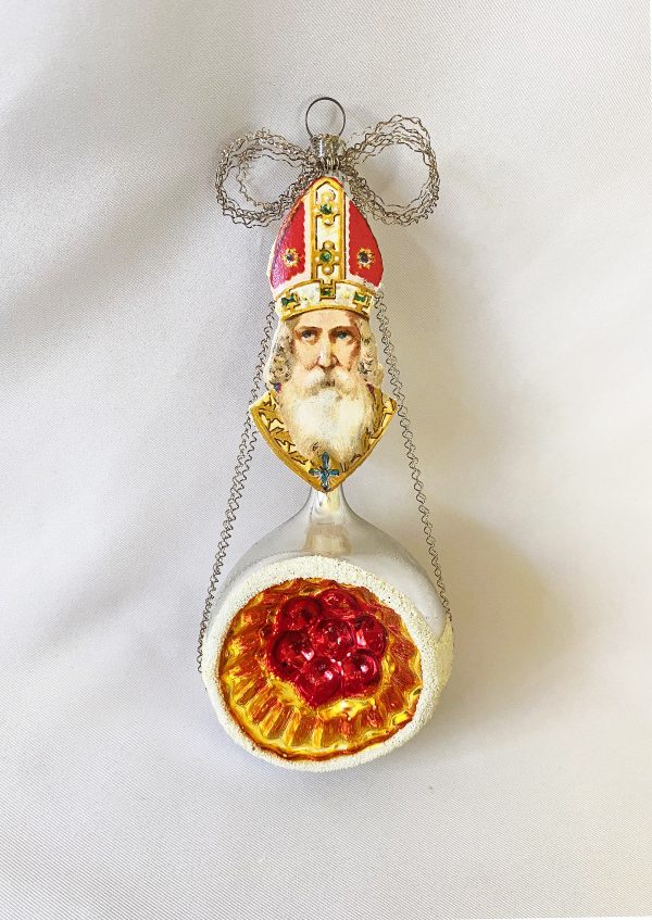 Antique Saint Nick Glass Indent Christmas Ornament, German Tinsel and Glass Long Stem Indent Ornament with Paper Scrap Bishop, 1940s