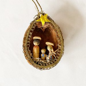 Vintage small hand crafted Italian Nativity Diorama Christmas Ornament, Walnut Manger Ornament with wood figures, Christian Gift 1960s