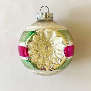 1950s vintage Jumbo Shiny Brite Double Indent Christmas Ornament, Starburst Reflector Glass Ornament silver with green pink and white stripes, extra large cap rare