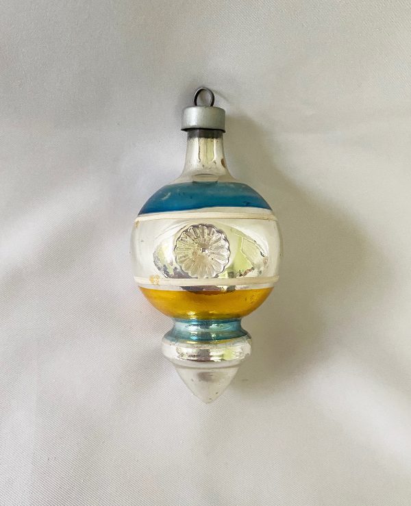Premier Double floral star Indent Teardrop Ornament, Pre War silver blue gold USA Glass Christmas Ornament, 1940s