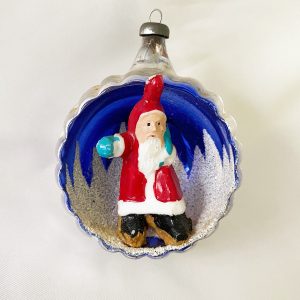 1950s Italian 3D glass santa diorama christmas ornament, blue indent with silver scalloped edges and red coat santa plastic figure, Italy cap, excellent vintage Santa ornament, rare