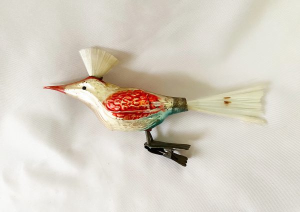 Antique german Multi Color mercury blown Glass Bird with spun glass Crest and tail Clip On Christmas Ornament 1930s