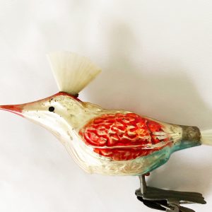 Antique German Multi Color blown mercury Glass Bird with Spun Glass Crest and tail Clip On Christmas Ornament 1930s