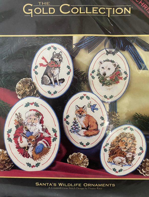 counted Cross Stitch Christmas Ornaments Kit NIP, Dimensions 1999 Gold Collection five “Santa’s Wildlife Ornaments", New Old Stock unopened like new
